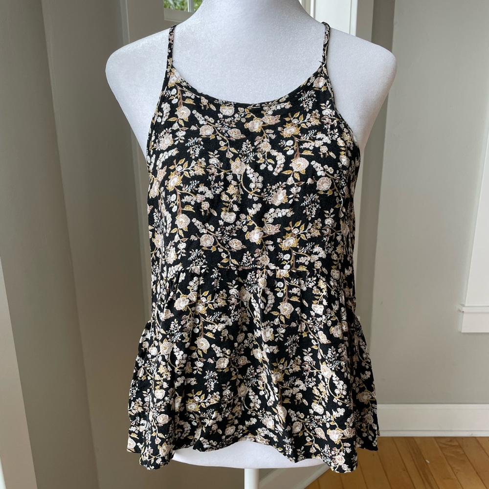 American Eagle Outfitters Black Beige Dark Floral Crop Racerback Cami Tank Sz S
